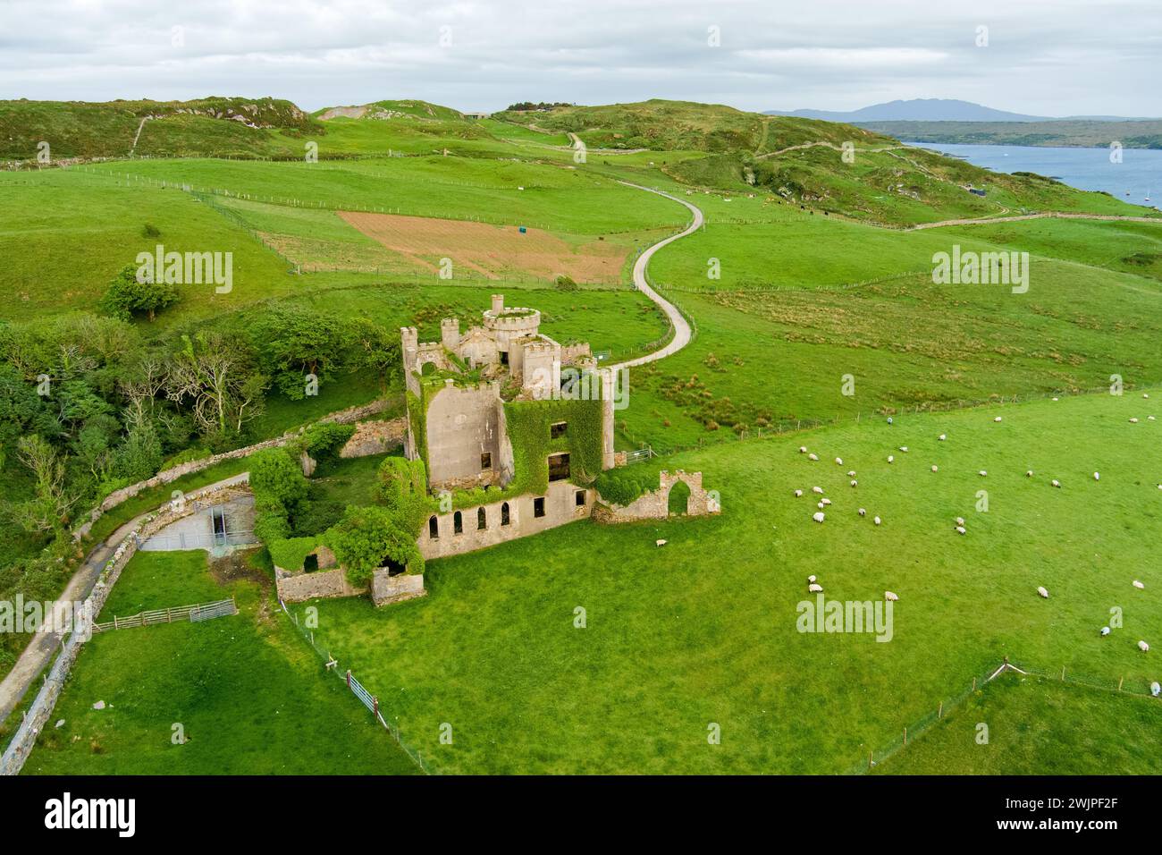Aerial view of Clifden Castle, ruined manor house, standing on famous
