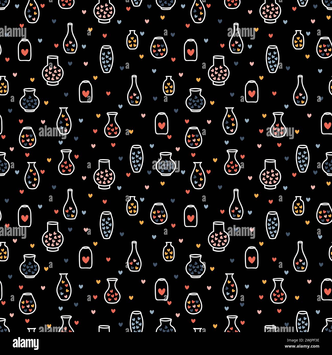 Hand drawn seamless pattern with vases and hearts. Scandinavian design ...