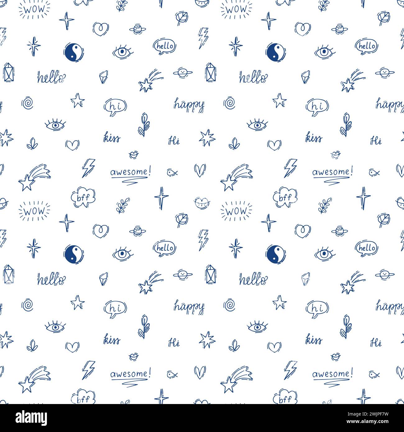 Abstract seamless pattern with doodle boho elements. Celestial sketch. Hand drawn background with old school tattoo design. Vector illustration Stock Vector