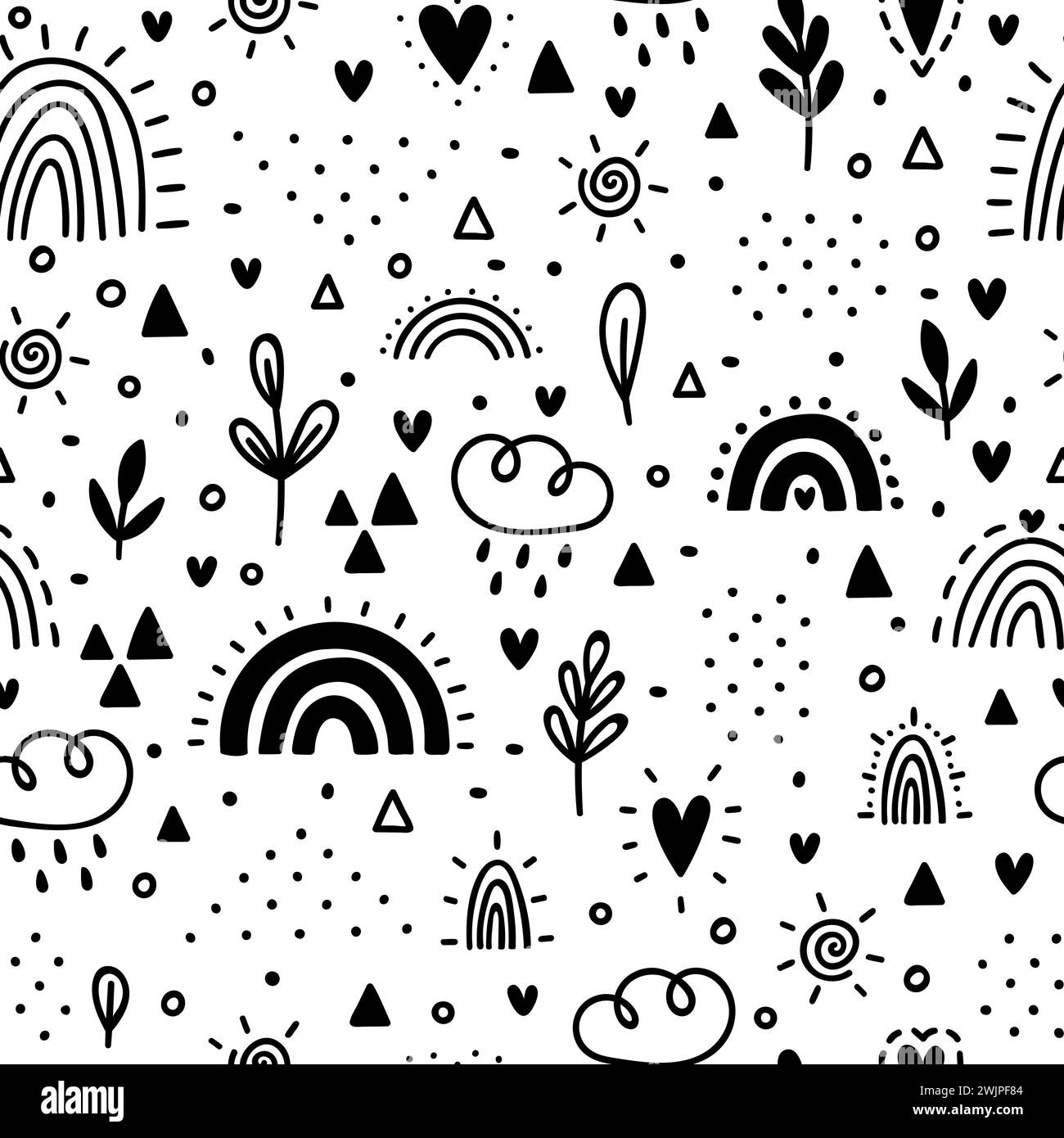 Hand drawn seamless pattern. Childish background with rainbows. Trendy texture for fabric, textile, cloth, wrapping paper. Nursery design for kids. Ve Stock Vector
