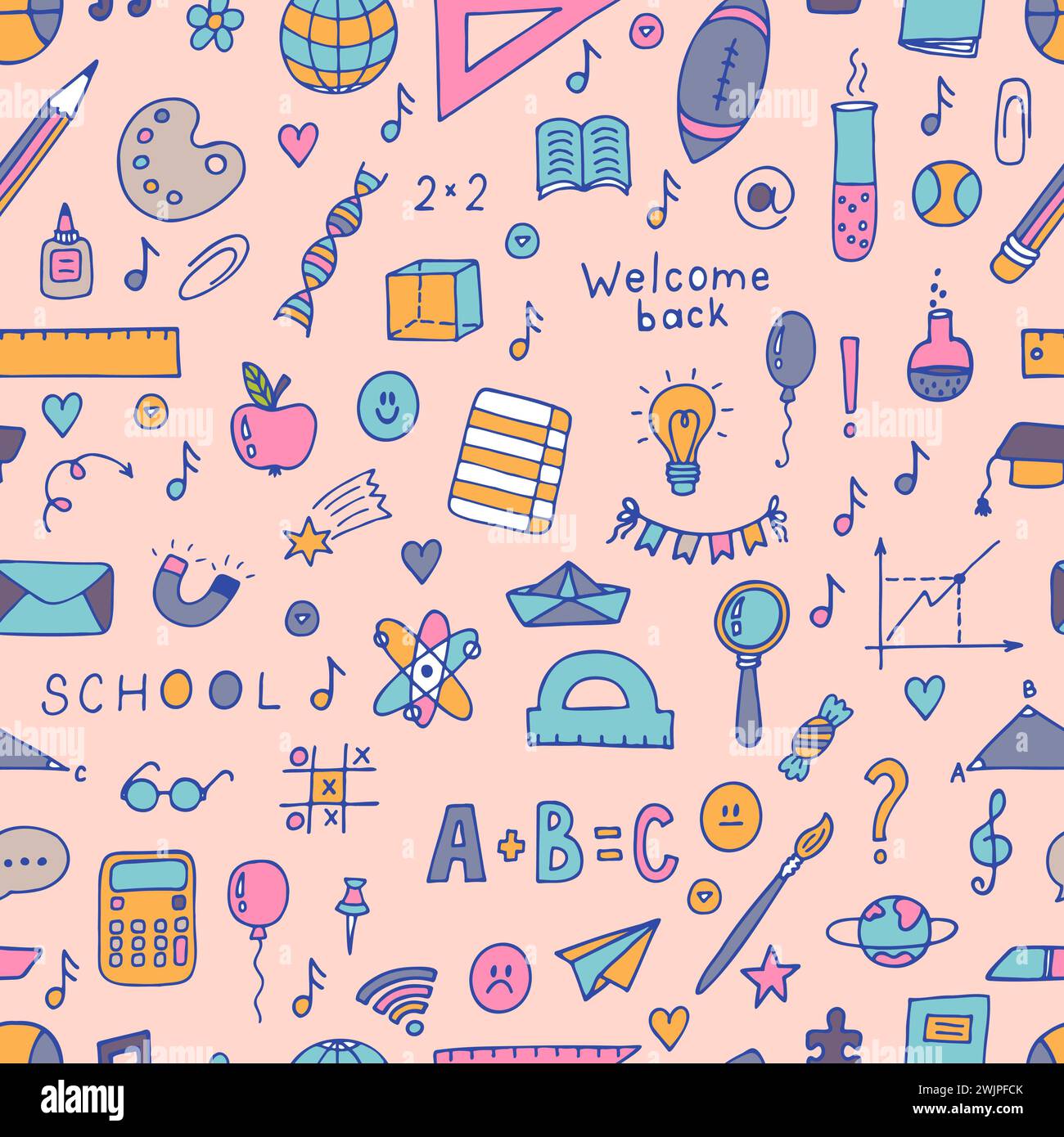 Hand drawn seamless pattern with school elements. Sketch. Welcome back. Back to school background. Vector illustration Stock Vector