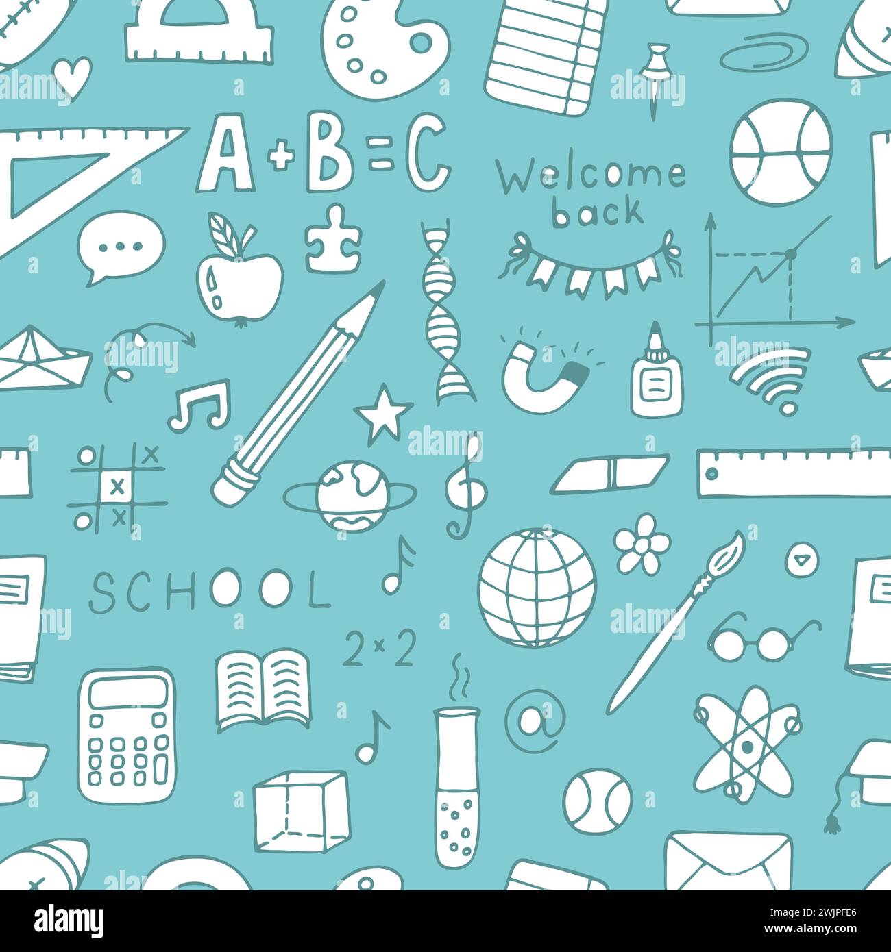 Seamless pattern with hand drawn school elements. Back to school. Welcome back. Vector illustration Stock Vector
