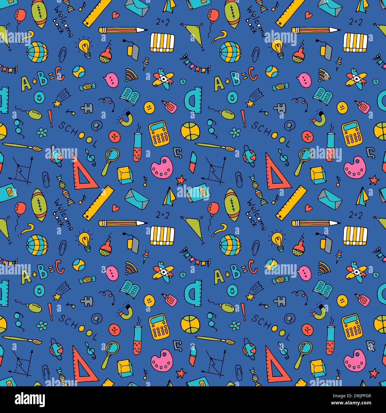 Hand drawn seamless pattern with school elements. Back to school background. Welcome back. Vector illustration Stock Vector