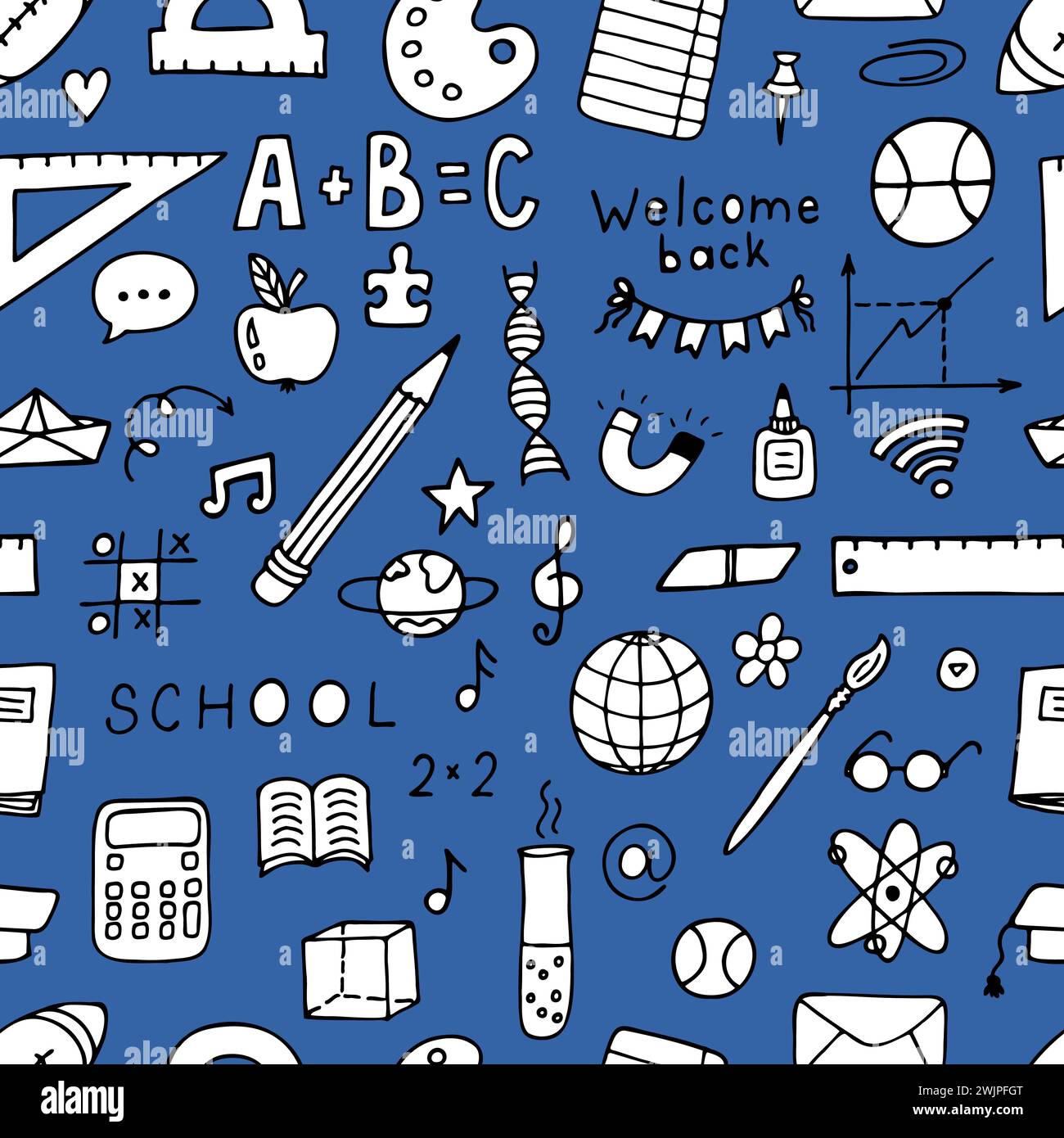 Hand drawn seamless pattern with school elements. Welcome back. Back to school background. Vector illustration Stock Vector