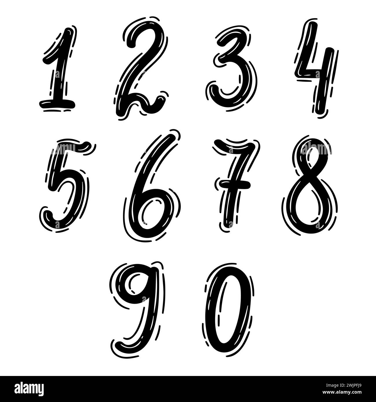 Set of hand drawn ten numbers from zero to nine. Numeral. Doodle style. Math. Vector illustration Stock Vector