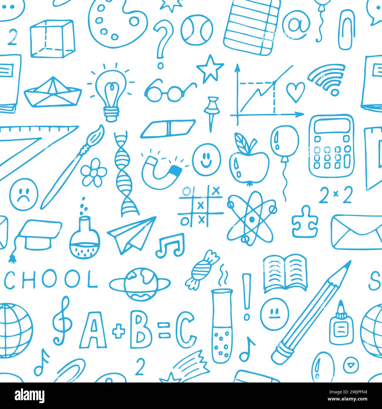 Hand drawn seamless pattern with school objects and symbols. Sketchy elements. Back to school background. Vector illustration Stock Vector