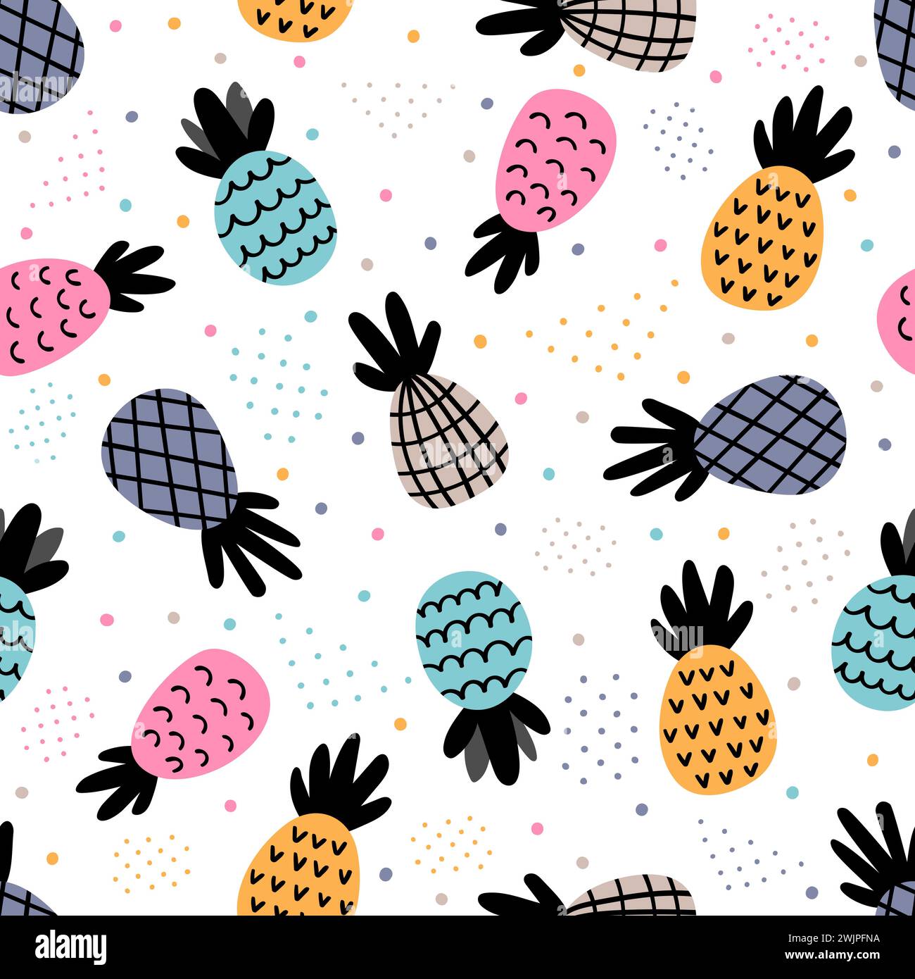 Seamless pattern with colored pineapples. Cute summer background with tropical fruit. Vector illustration Stock Vector