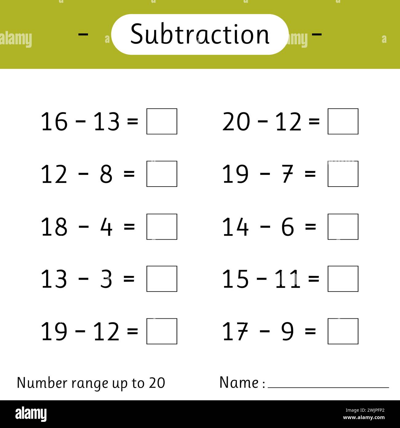 Subtraction. Number range up to 20. Math worksheet for kids. Solve examples and write. Developing numeracy skills. Mathematics. Vector illustration Stock Vector