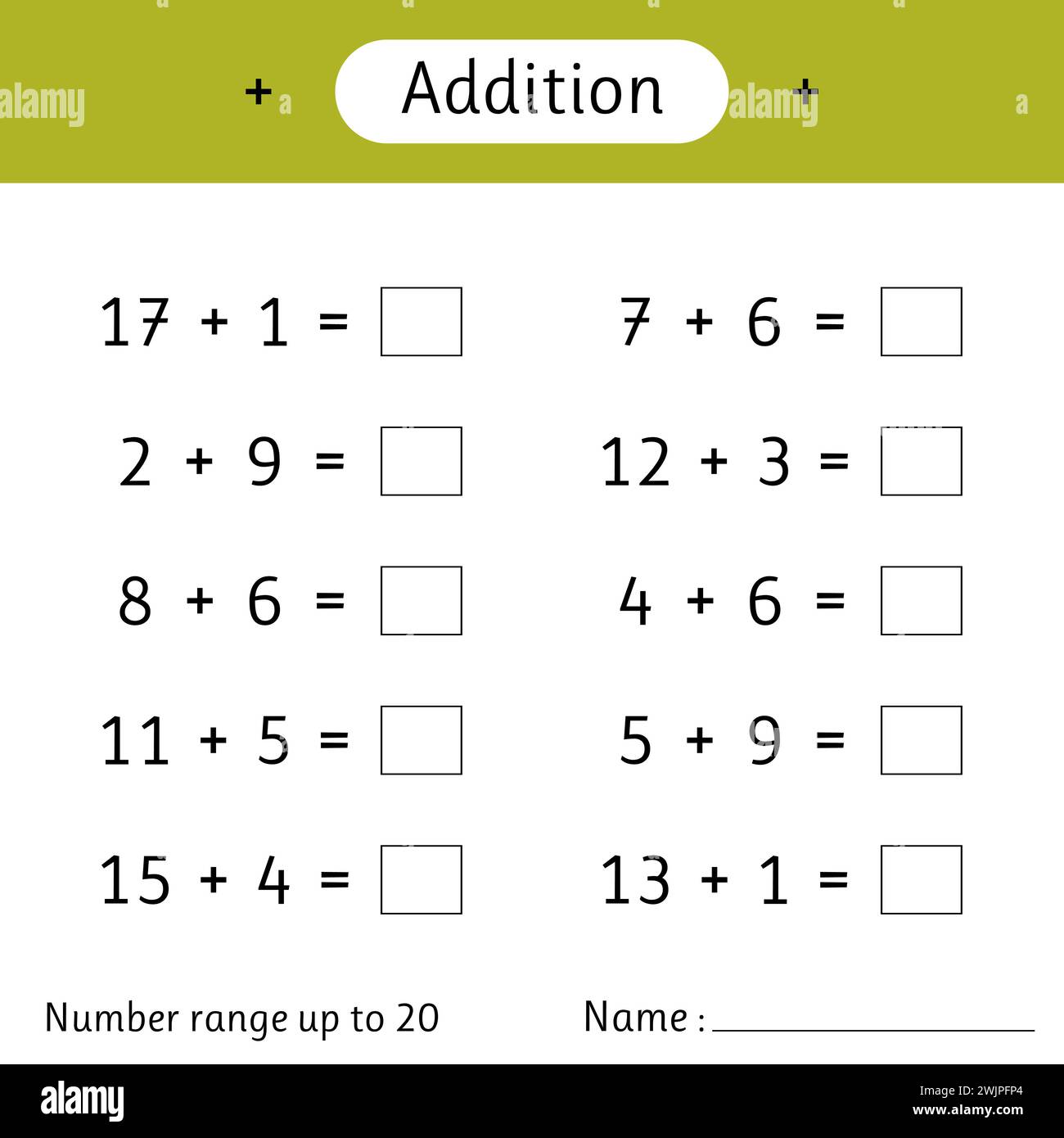 Addition. Number range up to 20. Math worksheet for kids. Solve examples and write. Mathematics. Developing numeracy skills. Vector illustration Stock Vector