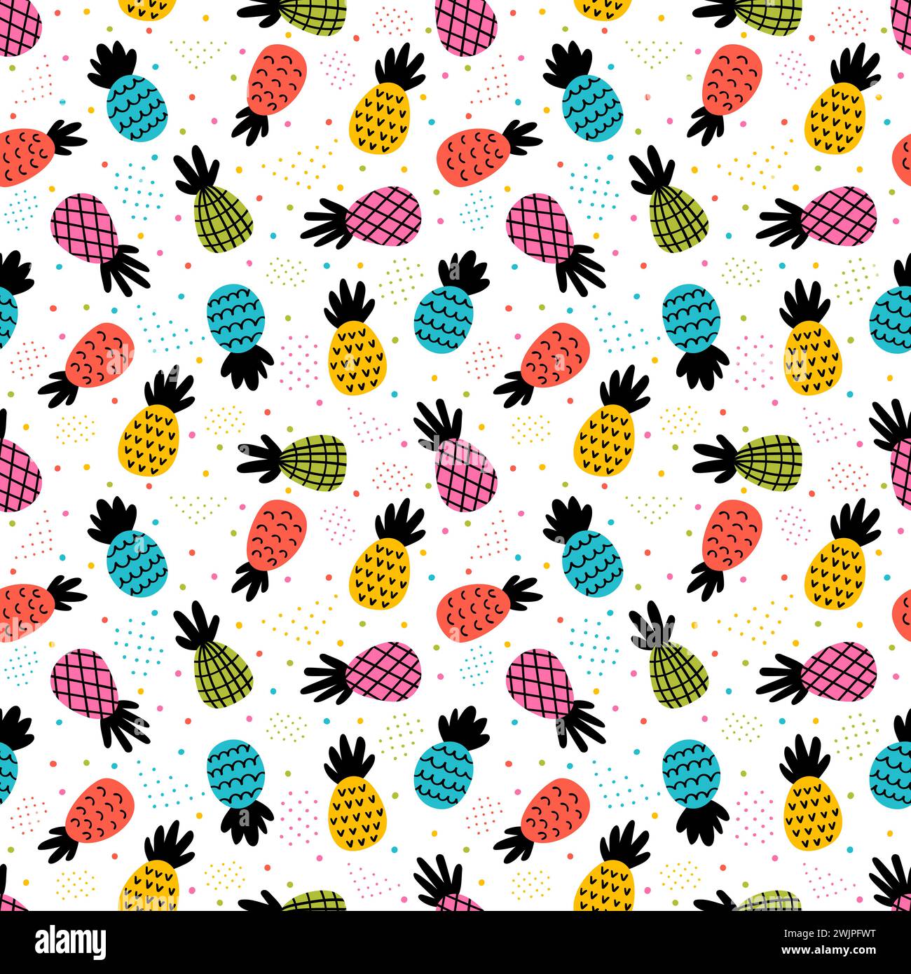 Seamless pattern with colored pineapples. Food. Cute summer background with tropical fruit. Vector illustration Stock Vector