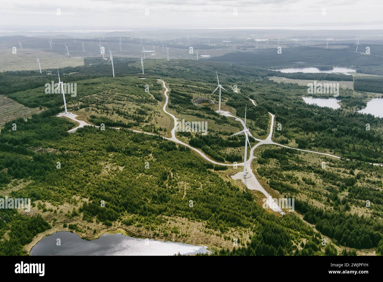 Connemara aerial landscape with wind turbines of Galway Wind Park located in Cloosh Valley