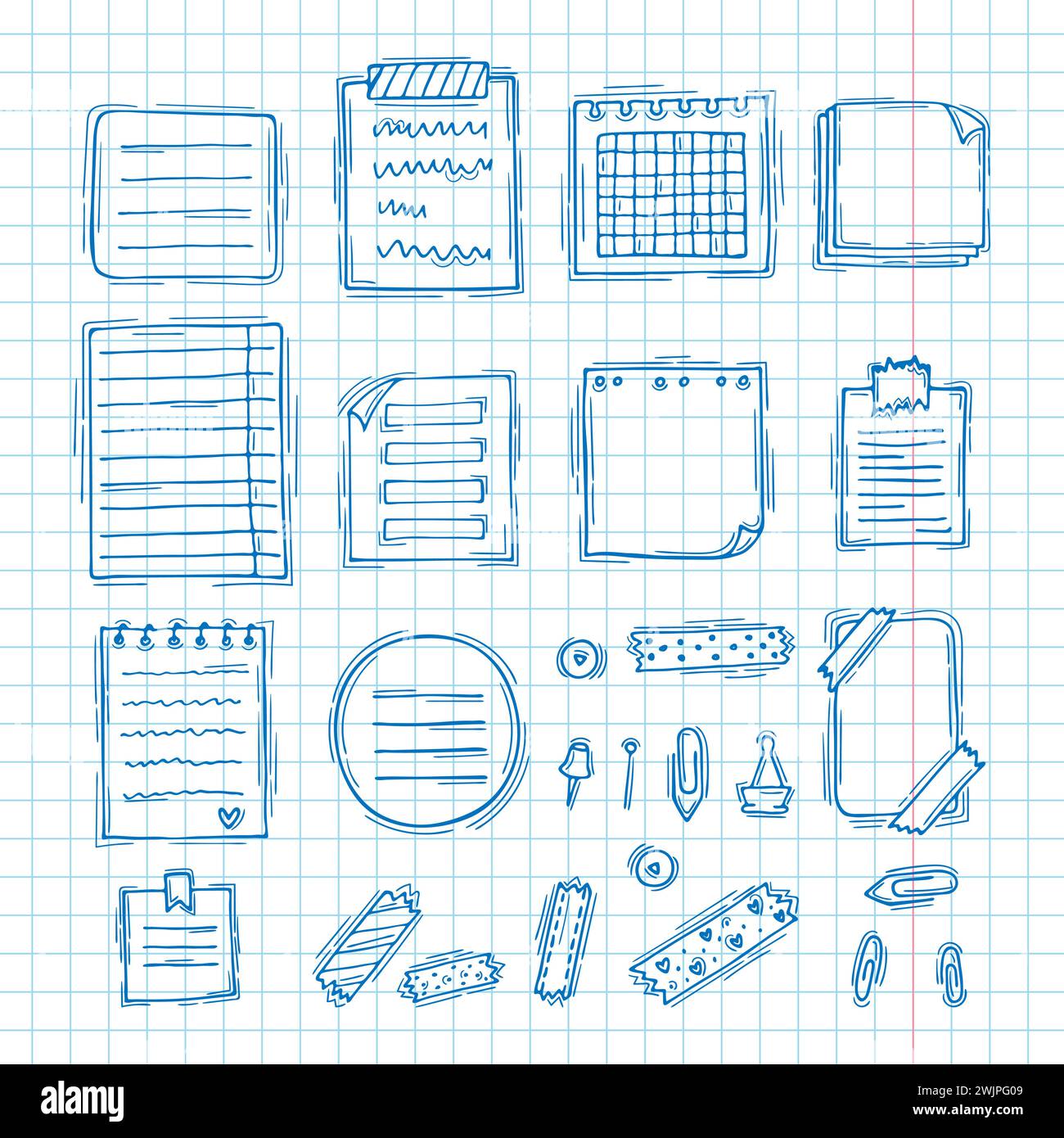 Notebook Documents Hand drawn books, notebook, documents and sheets of paper. Blue ink ...