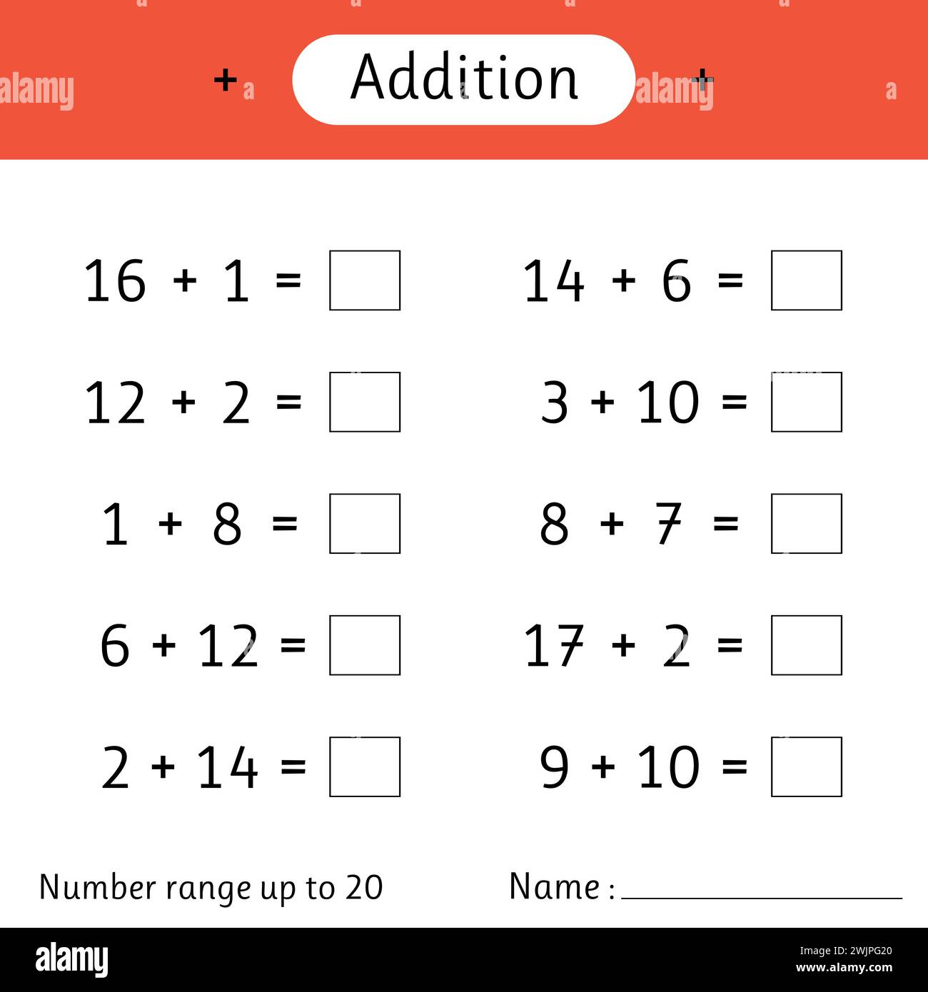 Addition. Number range up to 20. Mathematics. Math worksheet for kids. Solve examples and write. Developing numeracy skills. Vector illustration Stock Vector