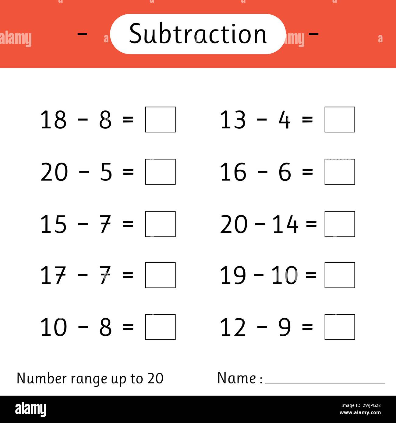 Subtraction. Number range up to 20. Math worksheet for kids. Developing numeracy skills. Solve examples and write. Mathematics. Vector illustration Stock Vector