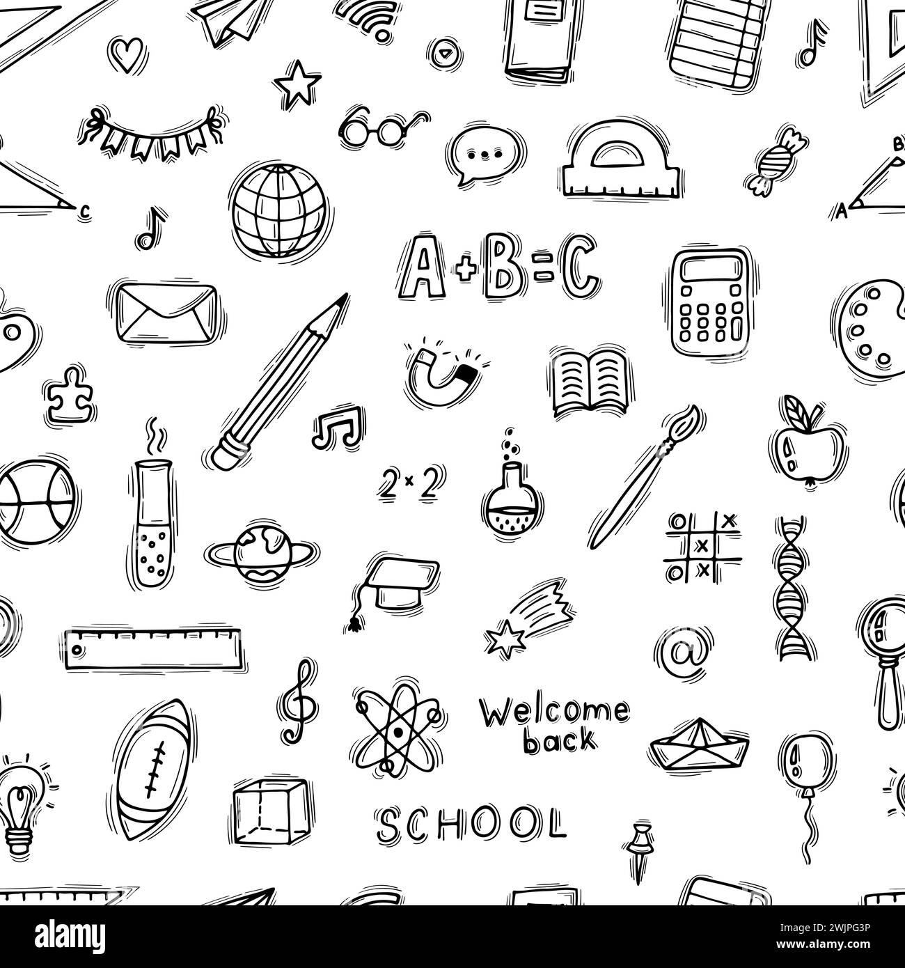 Seamless pattern with hand drawn educational school elements. Back to school collection. Welcome back. Vector illustration Stock Vector