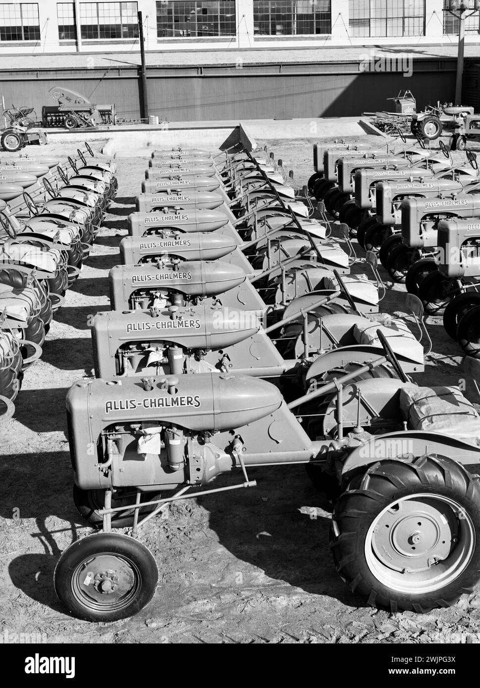 Tractors, farm equipment warehouse, Oklahoma City, Oklahoma, USA, Russell Lee, U.S. Farm Security Administration, February 1940 Stock Photo