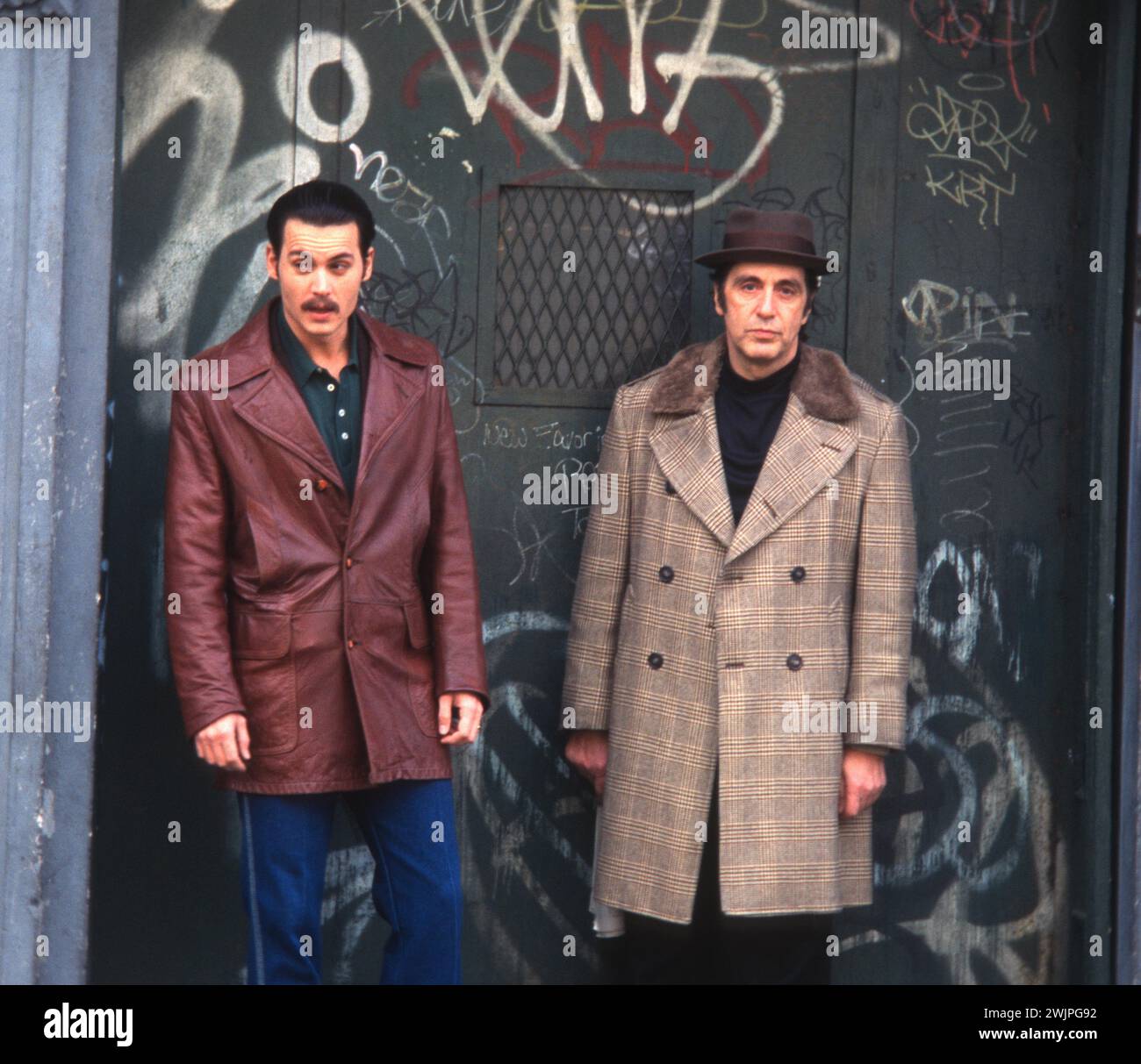 1996 Johnny Depp Al Pacino On the movie set of Donnie Brasco in NYC John Barrett/PHOTOlink Stock Photo