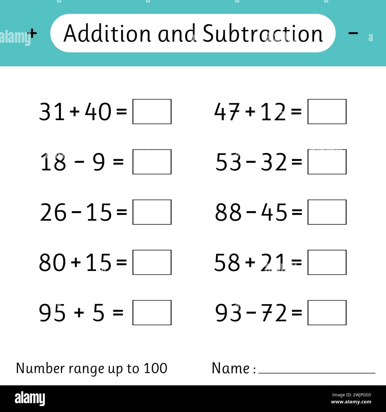 Addition and Subtraction. Number range up to 100. Math worksheet for kids. Solve examples. Mathematics. Developing numeracy skills. Vector illustratio Stock Vector