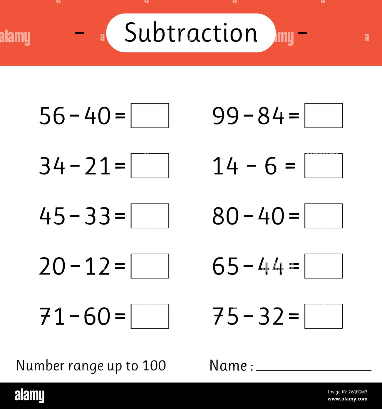 Subtraction. Number range up to 100. Mathematics. Math worksheet for ...