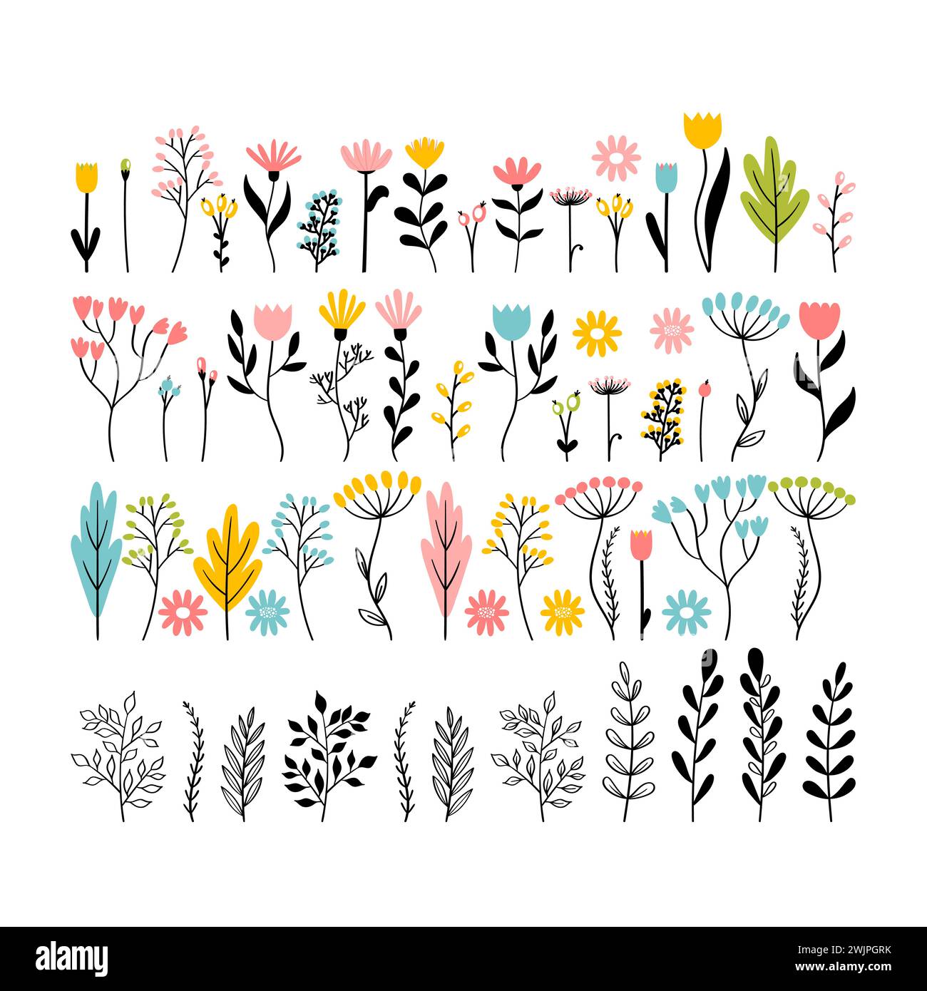 Big set of hand drawn flowers. Floral collection. Doodle style. Cute sketch for bouquet. Vector illustration Stock Vector