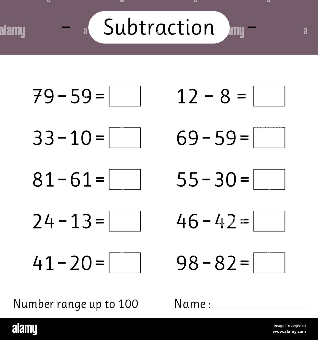 Subtraction. Number range up to 100. Mathematics. Math worksheet for kids. Solve examples and write. Developing numeracy skills. Vector illustration Stock Vector