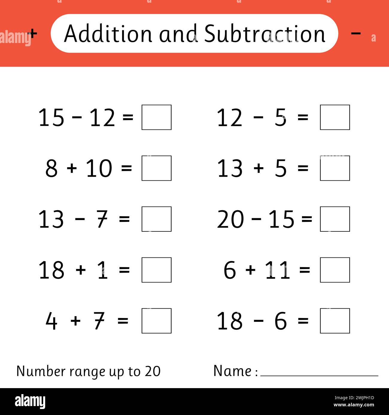 Addition and Subtraction. Number range up to 20. Math worksheet for kids. Solve examples and write. Numeracy skills. Mathematics. Vector illustration Stock Vector