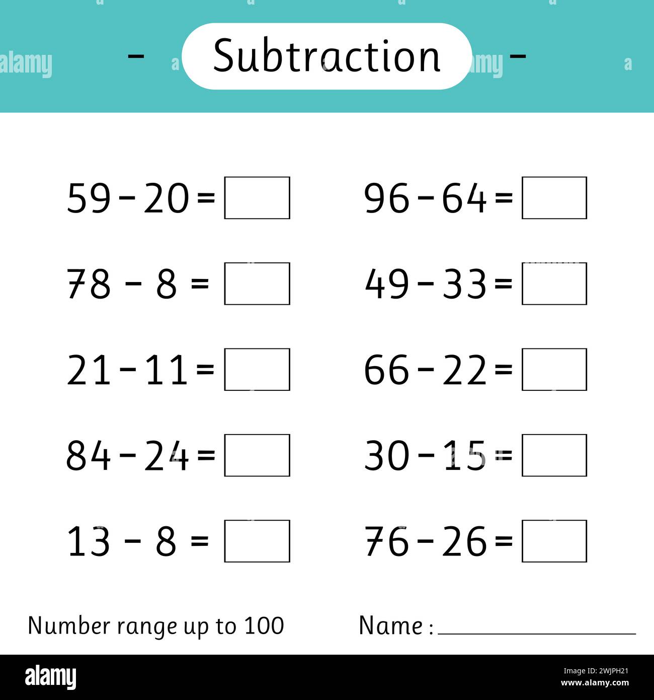 Subtraction. Number range up to 100. Math worksheet for kids. Solve ...