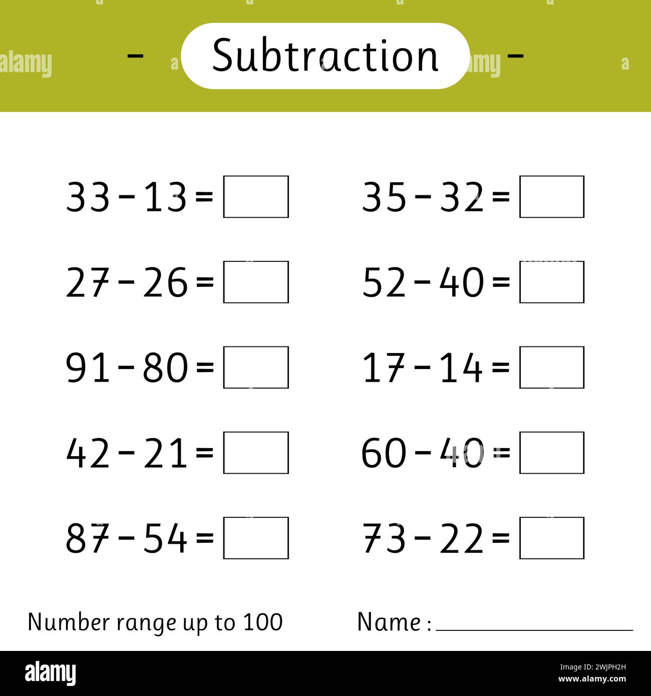 Subtraction. Number range up to 100. Math worksheet for kids. Mathematics. Solve examples and write. Developing numeracy skills. Vector illustration Stock Vector