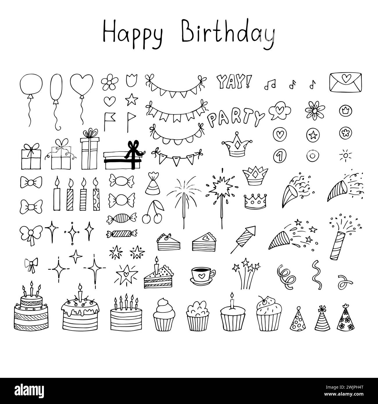 Set of hand drawn birthday party design elements. Balloons, cakes, cupcakes, gifts, candles, bows and festive attributes. Happy Birthday. Vector illus Stock Vector
