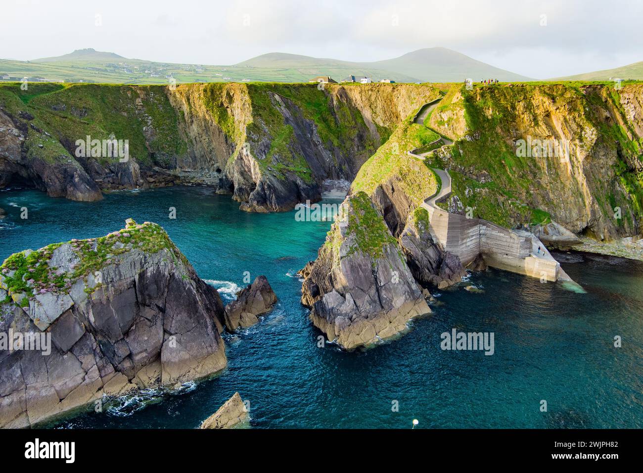 Dunquin or Dun Chaoin pier, Ireland's Sheep Highway. Aerial view of ...