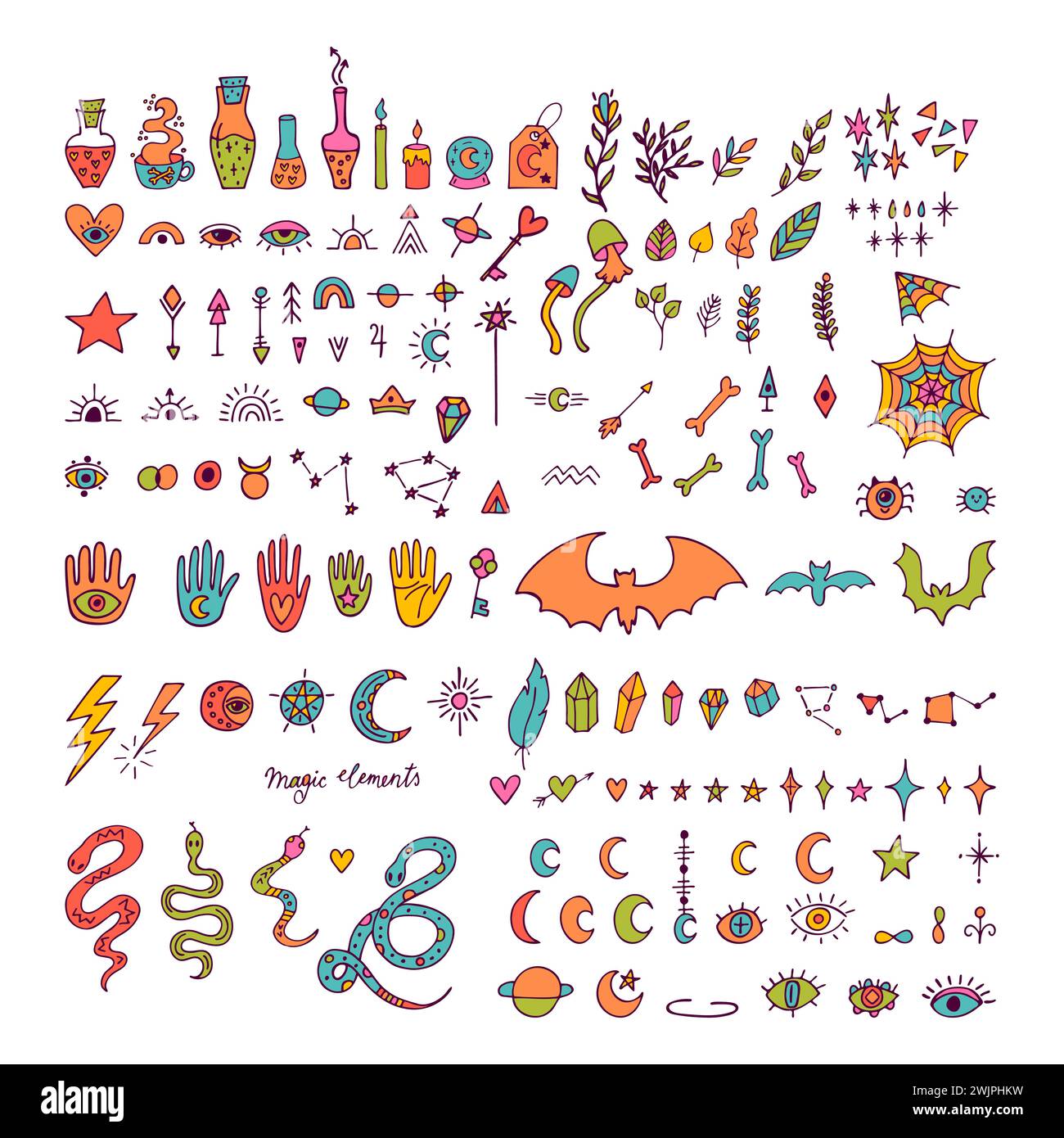 Magical witch collection. Boho style. Big set of hand drawn magic ...