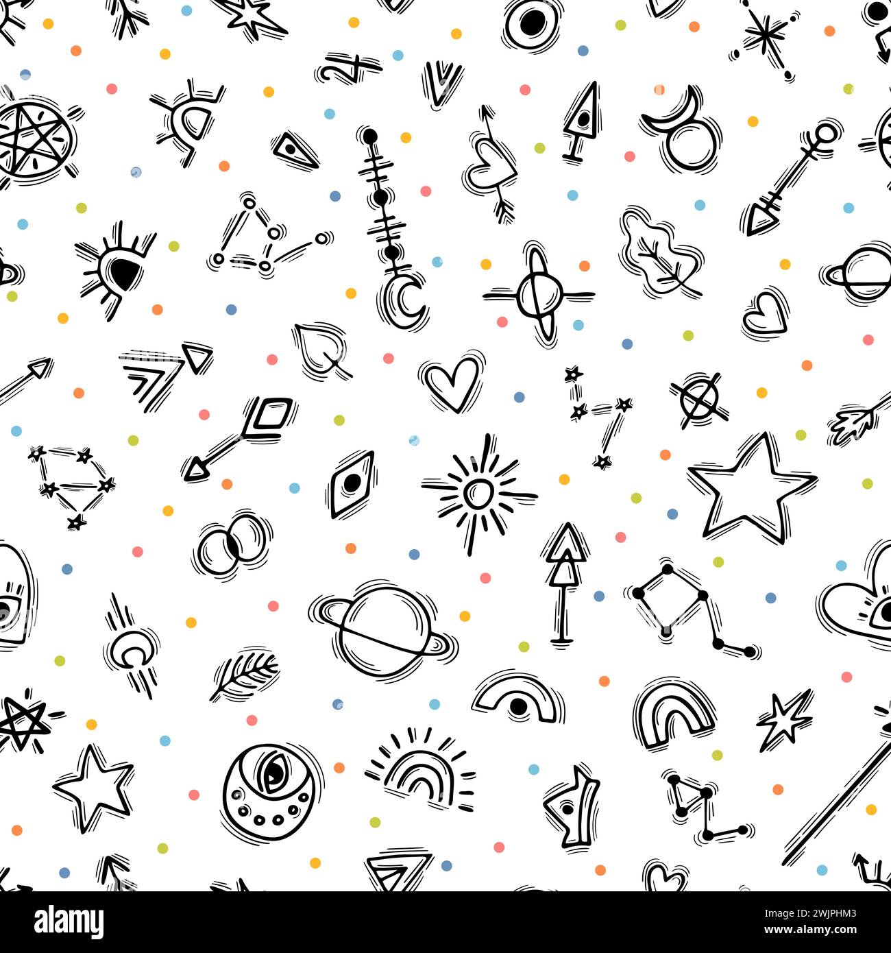 Cute seamless pattern with hand drawn boho elements. Ethnic style. Tribal background. Magic. Vector illustration Stock Vector