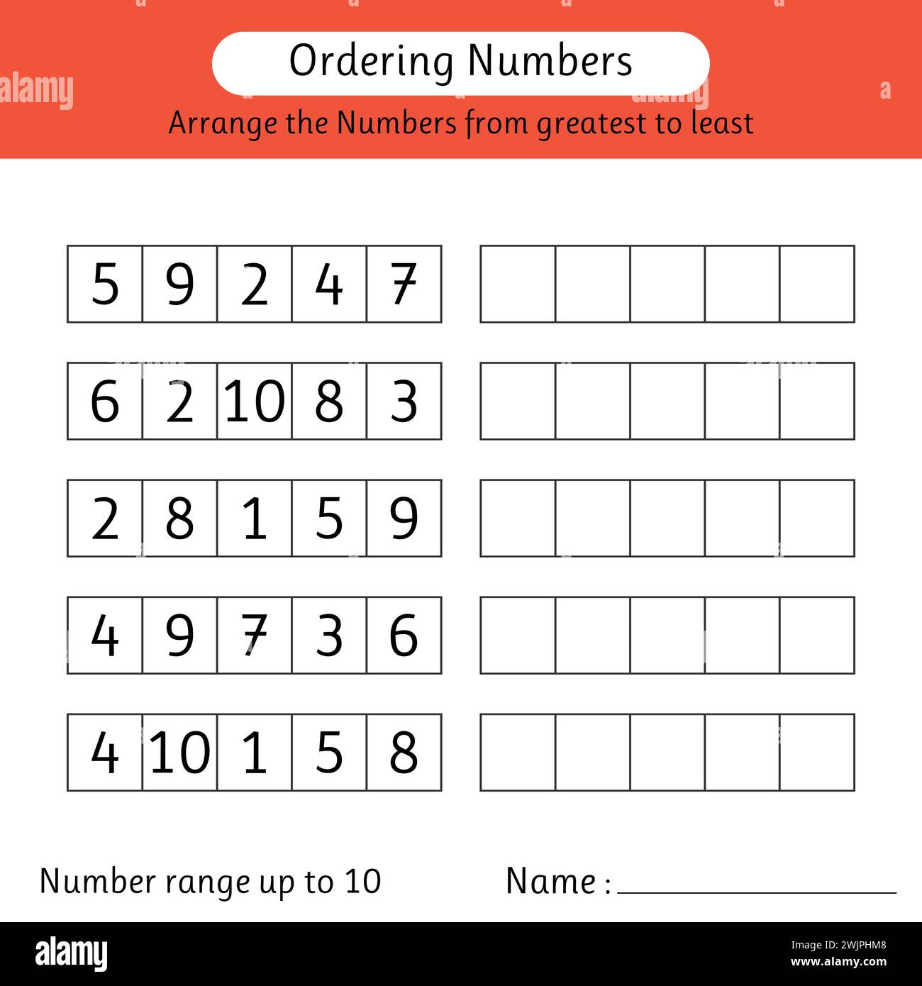 Ordering numbers worksheet. Arrange the numbers from greatest to least. Number range up to 10