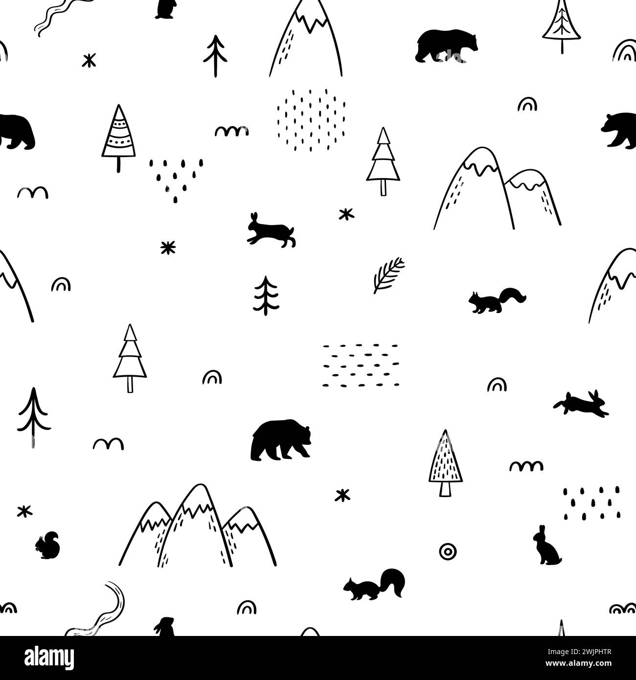 Seamless pattern with wild forest animals. Woodland life. Hand drawn ...