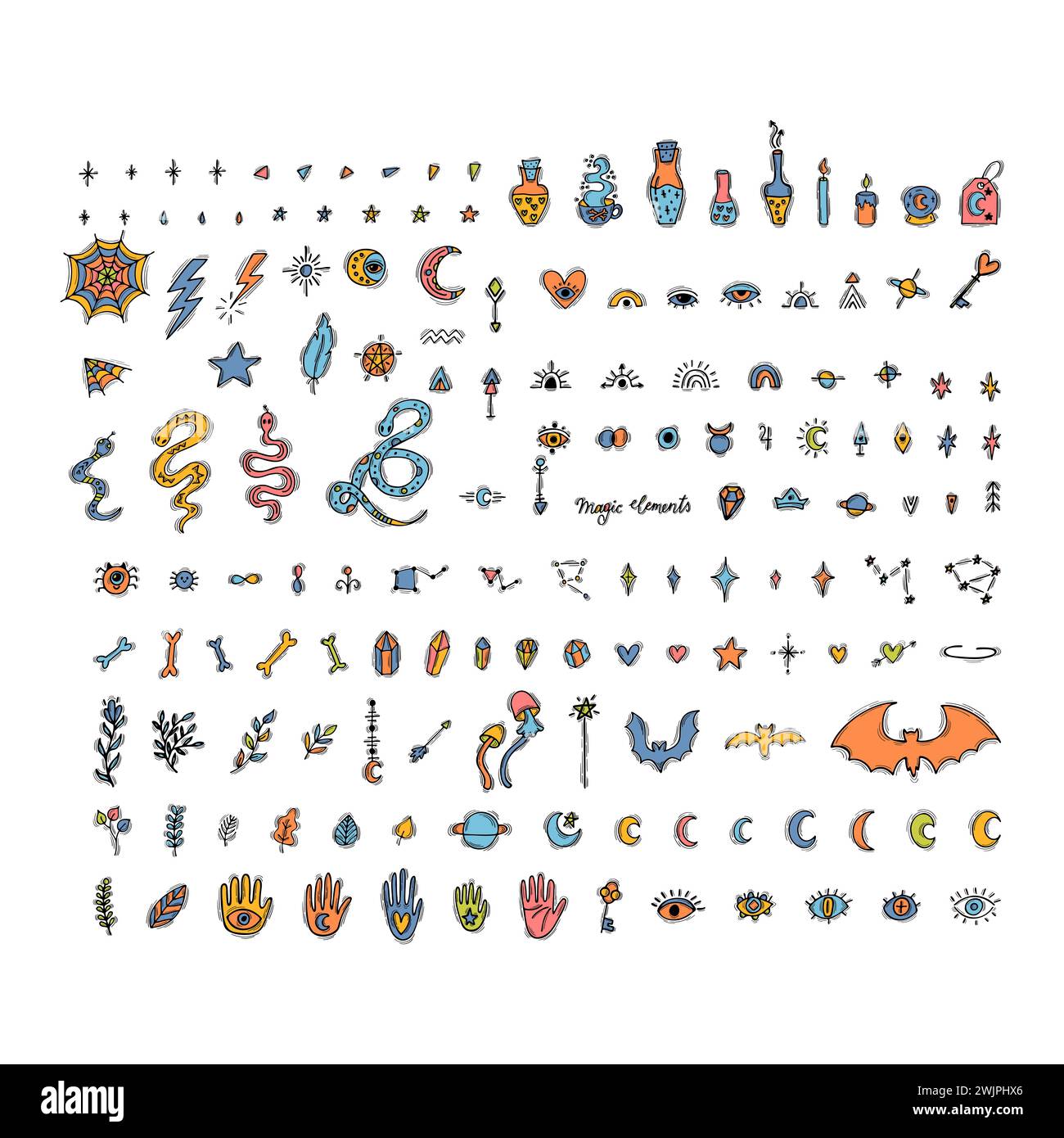 Big set of hand drawn magic elements. Boho style. Esoteric concept ...