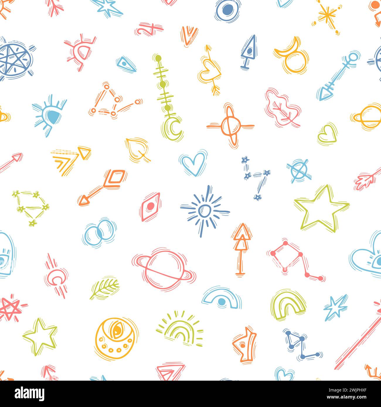 Seamless pattern with hand drawn magic witch elements. Ethnic style. Tribal background. Tattoo. Vector illustration Stock Vector