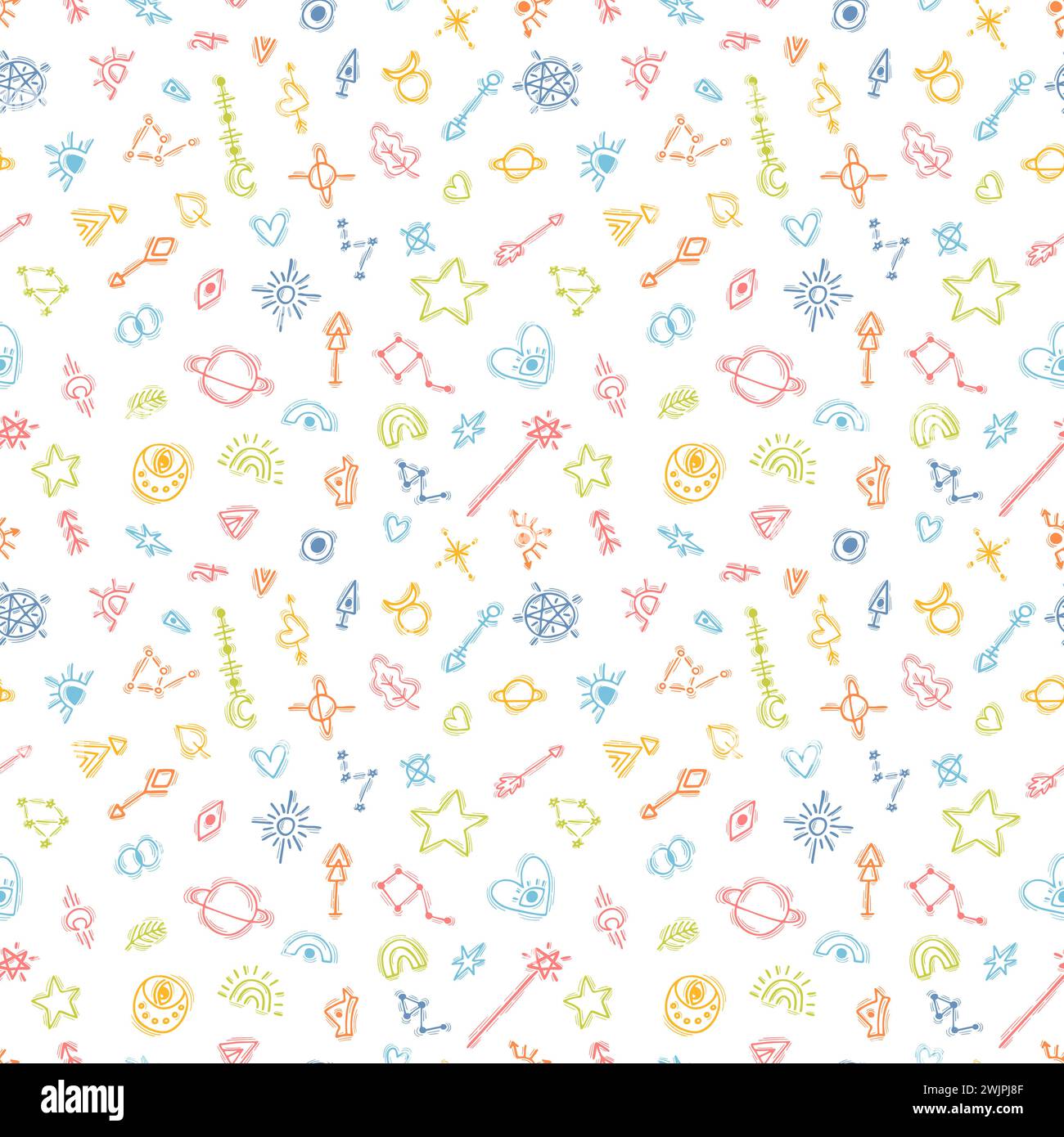 Cute seamless pattern with hand drawn boho elements. Magic. Ethnic style. Tribal background. Vector illustration Stock Vector