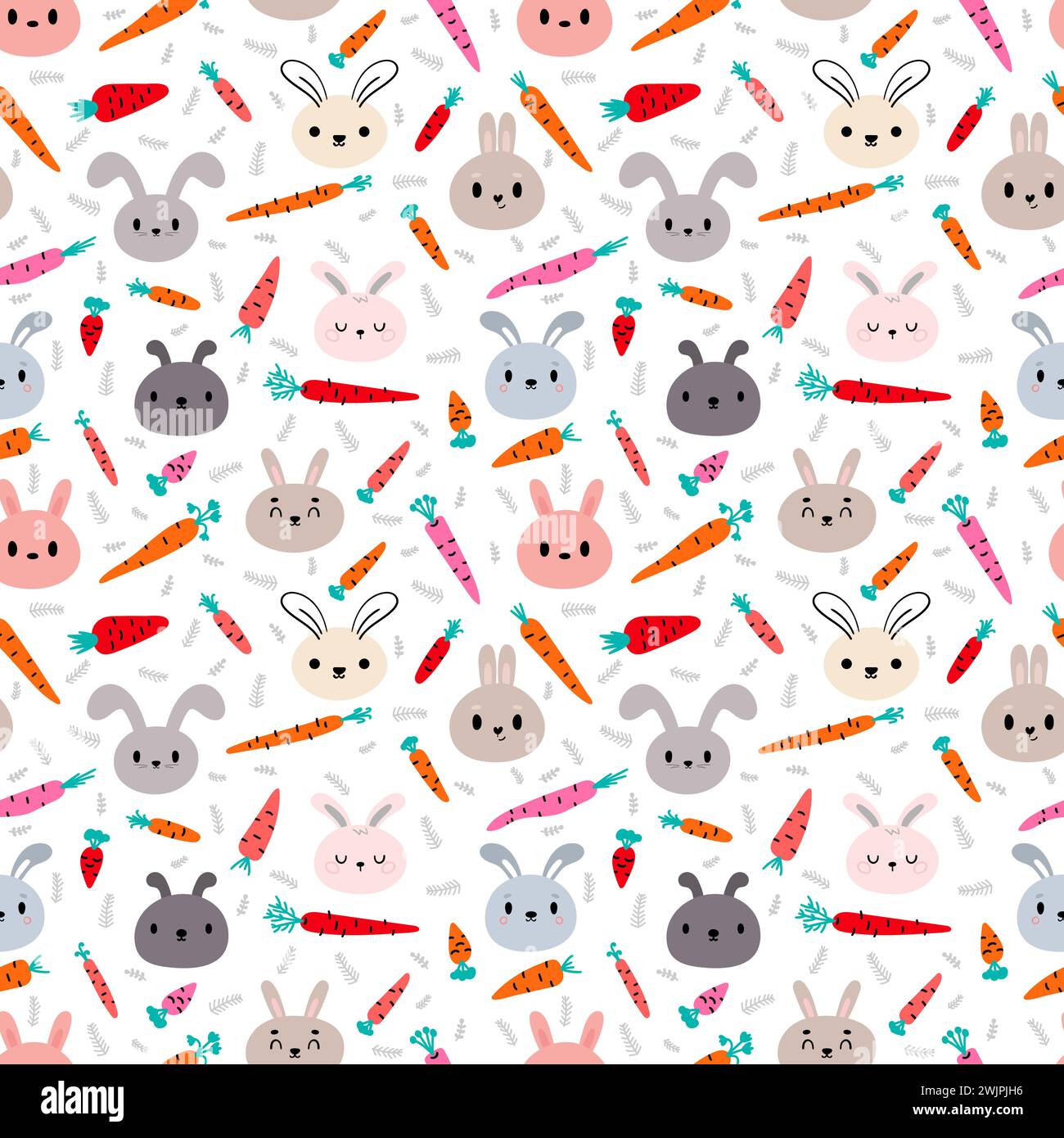 Cute seamless pattern with bunnies and carrots. Hand drawn background ...