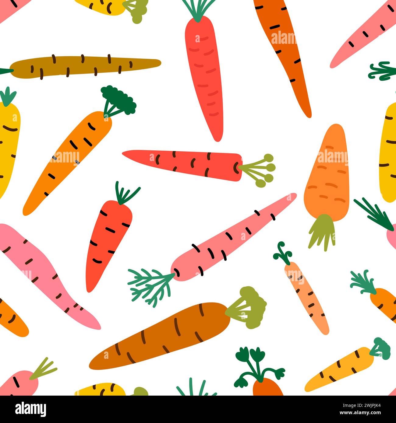 Seamless pattern with hand drawn carrots. Cartoon vegetables. Vegetarian ornament. Healthy food. Vector illustration Stock Vector