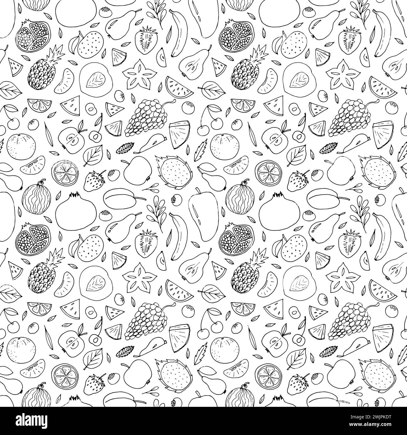 Cute hand drawn seamless pattern with summer fruits and berries ...