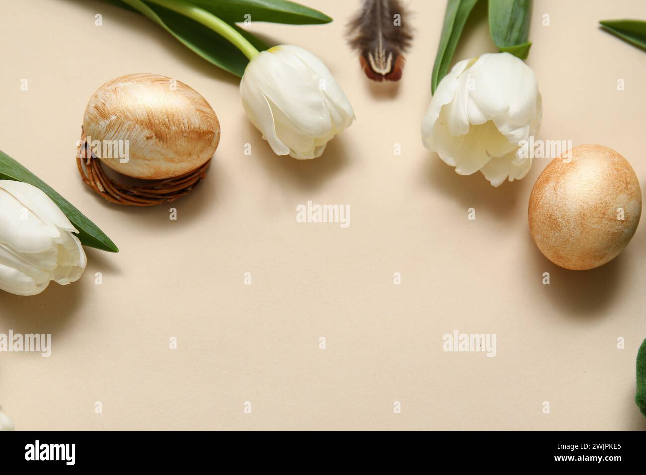 Easter eggs with tulips and feather on beige background Stock Photo - Alamy
