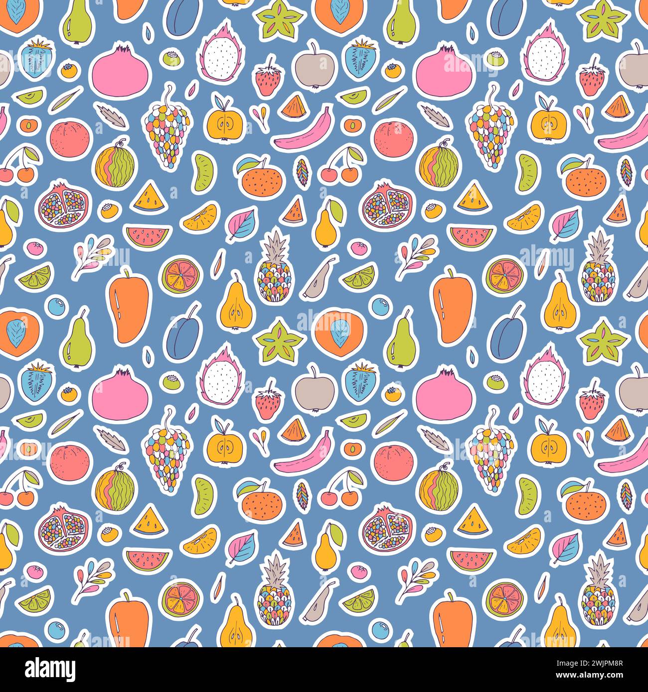 Cute hand drawn seamless pattern with summer fruits and berries ...