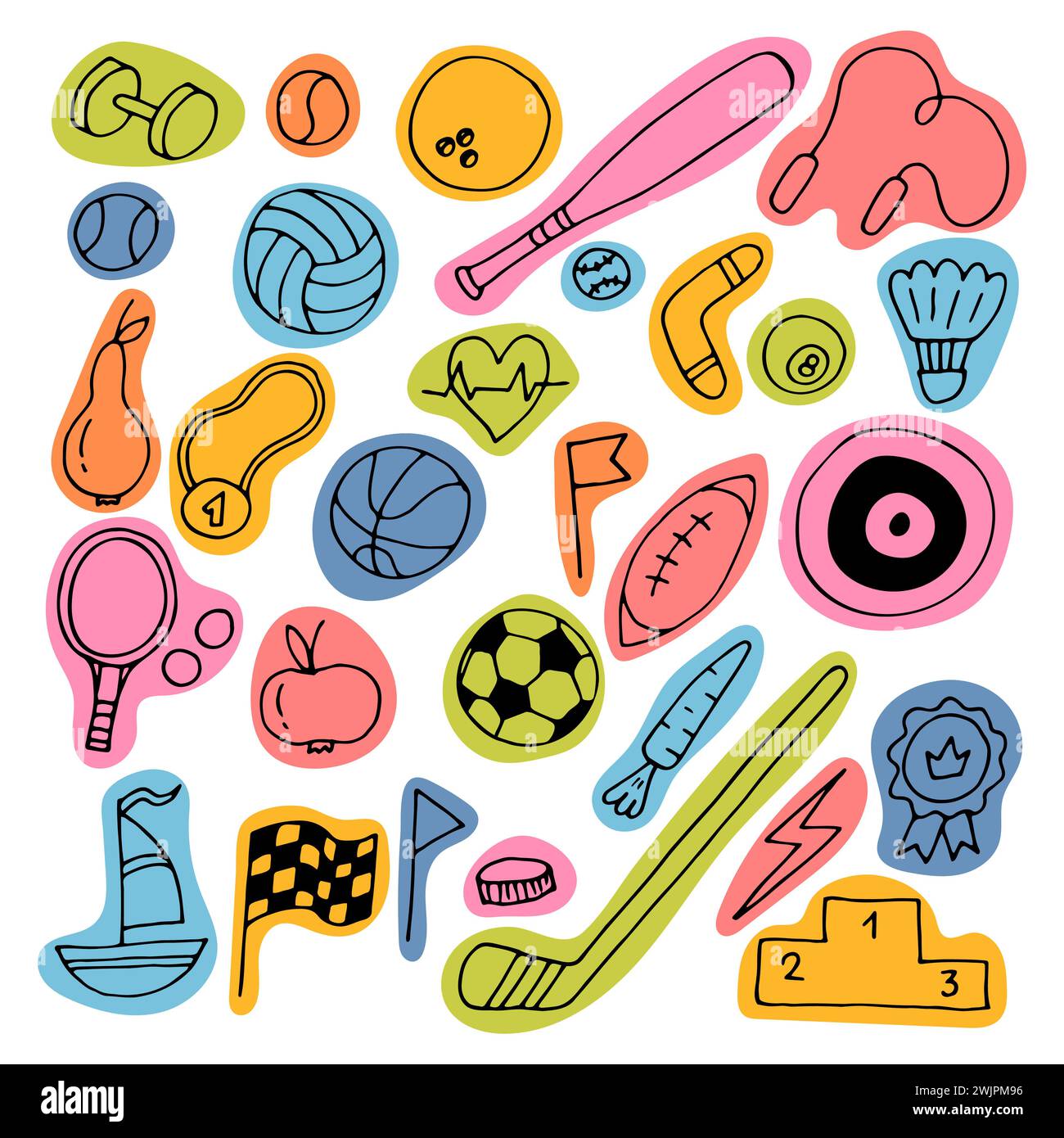 Collection sport equipment hand draw hi-res stock photography and