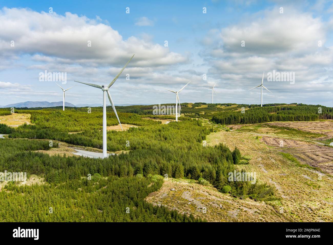 Connemara aerial landscape with wind turbines of Galway Wind Park located in Cloosh Valley