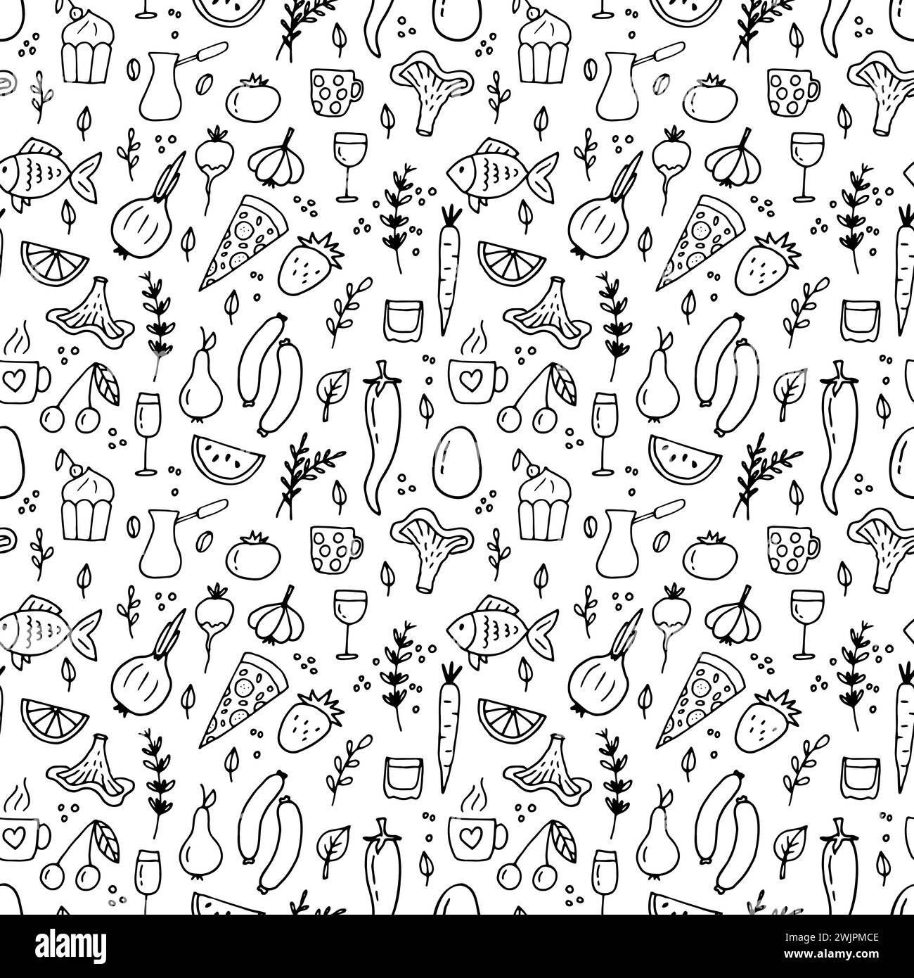 Hand drawn seamless pattern with different type of food and drinks