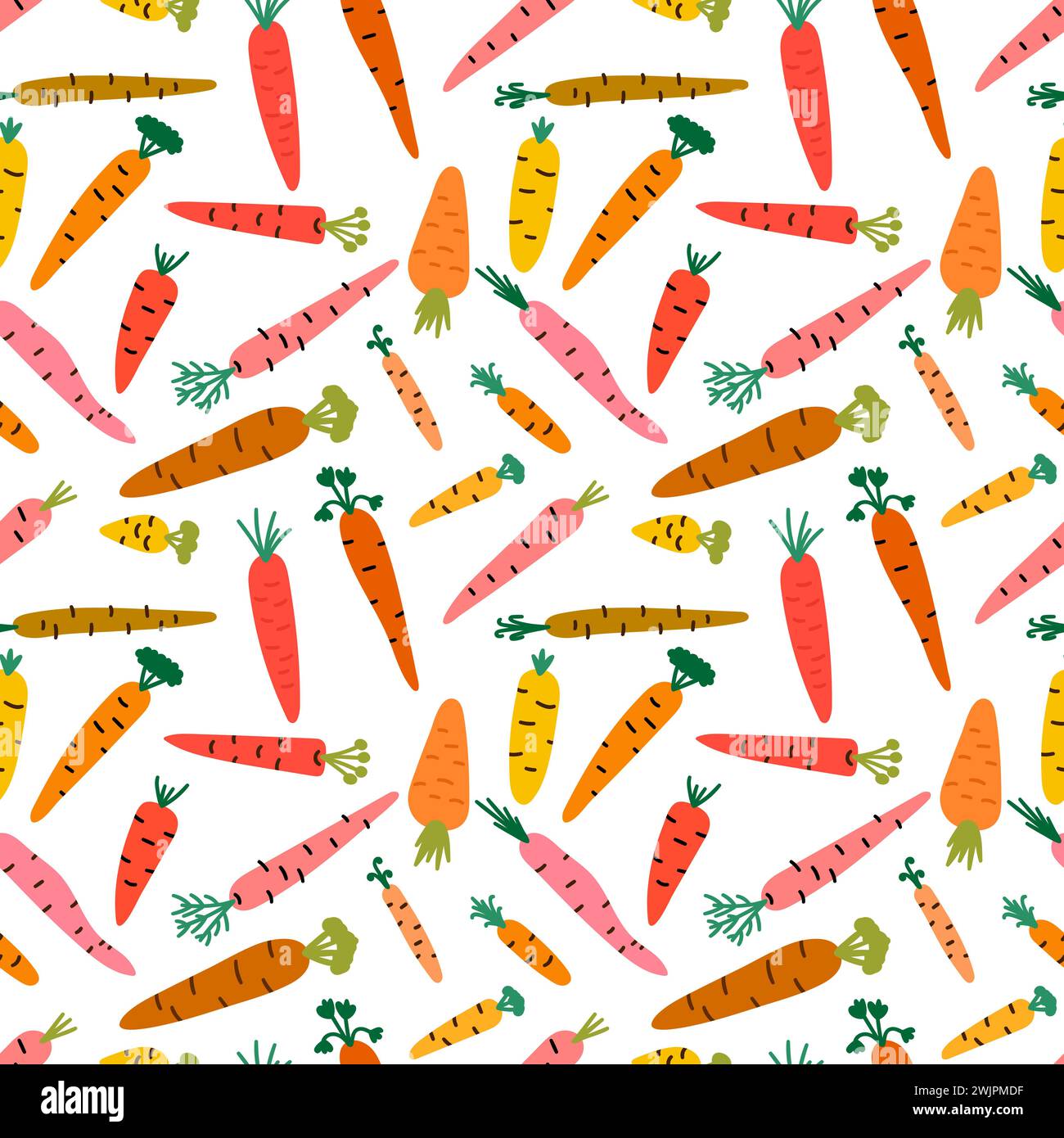 Seamless pattern with hand drawn carrots. Vegetarian ornament. Healthy food. Cartoon vegetables. Vector illustration Stock Vector