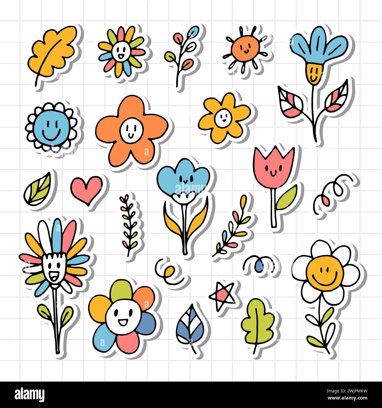 Cute hand drawn happy flowers. Doodle. Funny faces. Floral design ...