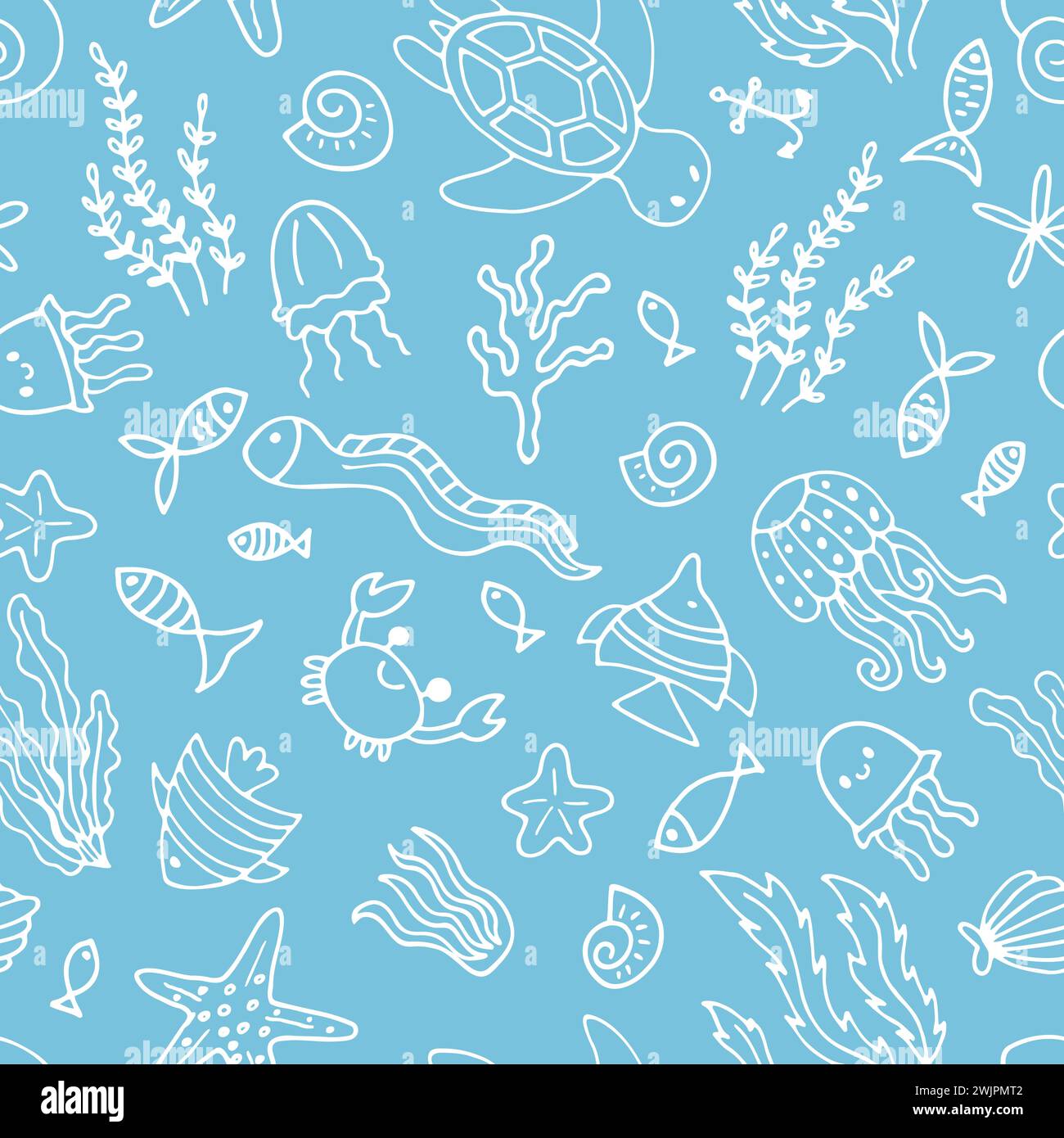 Hand drawn seamless pattern with underwater animals. Ocean, sea life ...