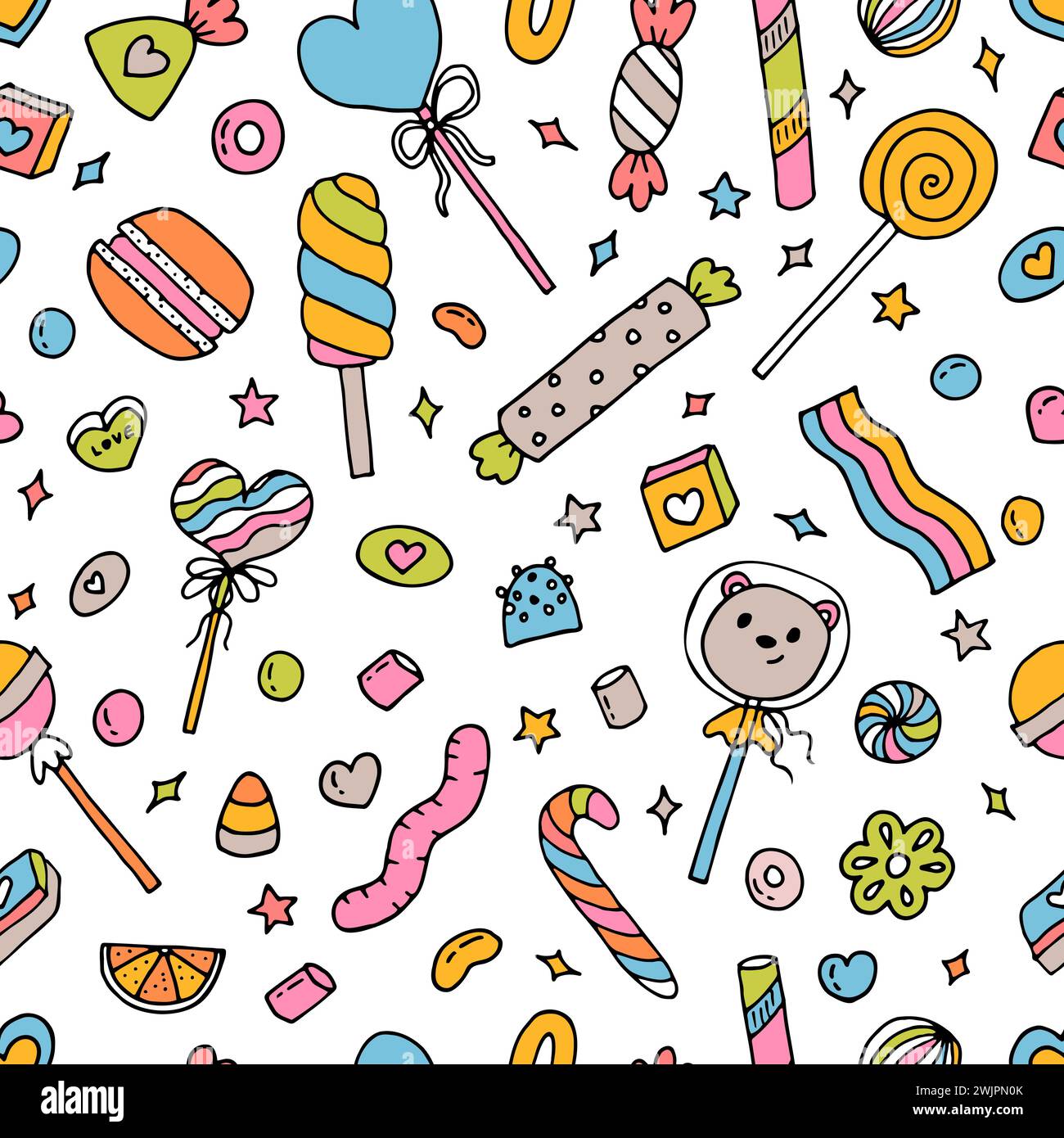Seamless doodle pattern with candies, sweets and lollipops. Hand drawn ...