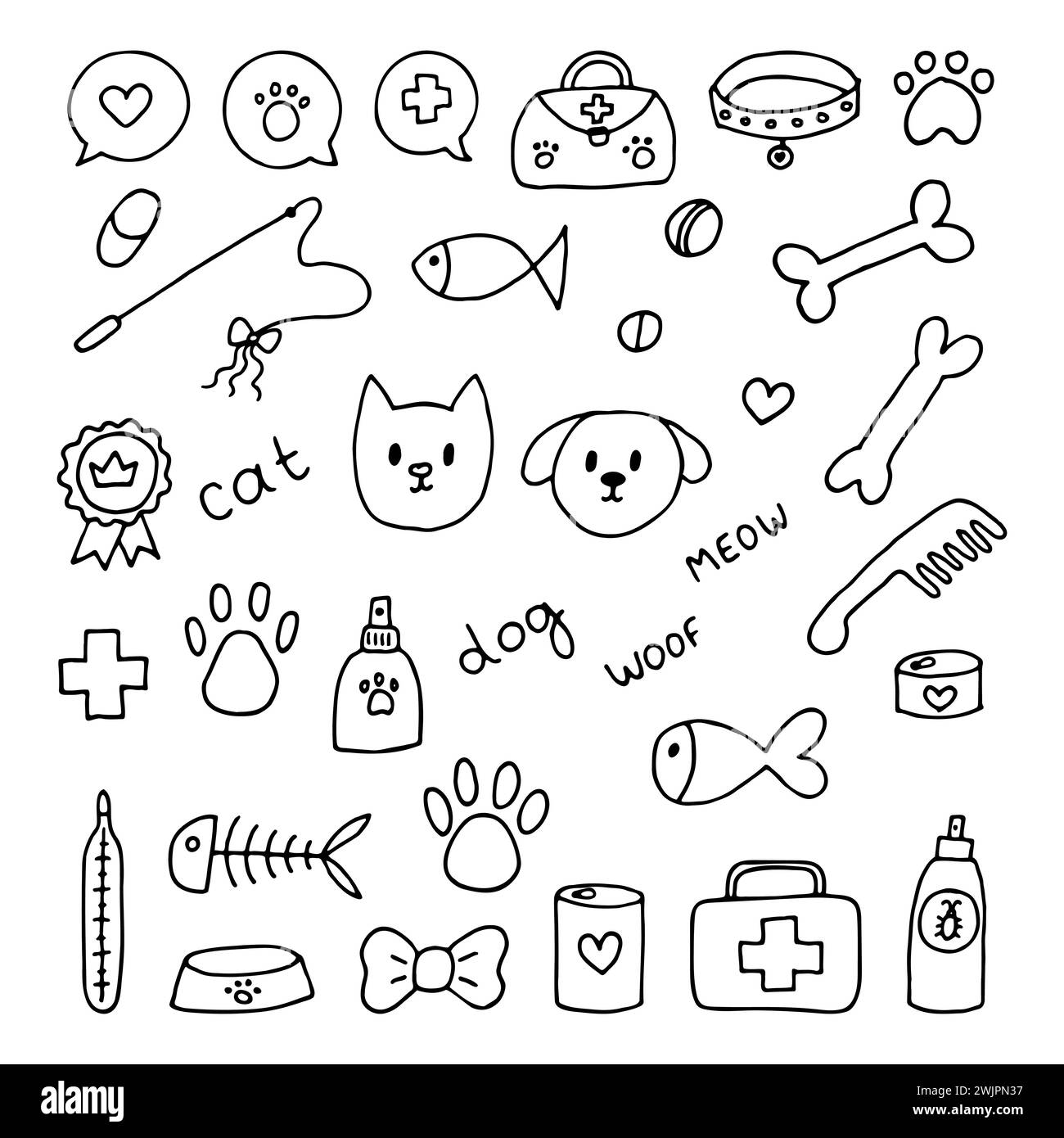 Hand drawn vet icons. Pet shop or store concept. Caring for animals dogs, cats. Pets stuff and supply set. Vector illustration Stock Vector